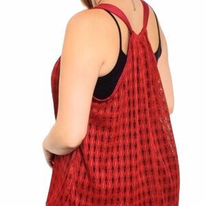 Red Scoop Neck Sleeveless Semi Sheer Diamond Mesh Razor Back Tank Top NEW